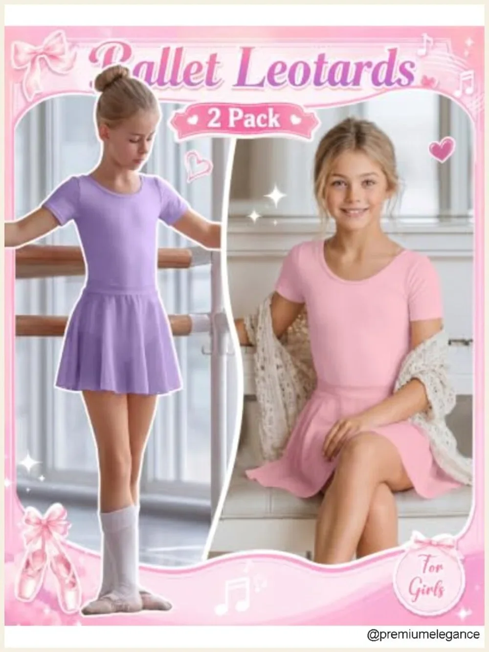 2 Pack Ballet Leotards for Girls Short Sleeve Dance Dress with Removable Skirt